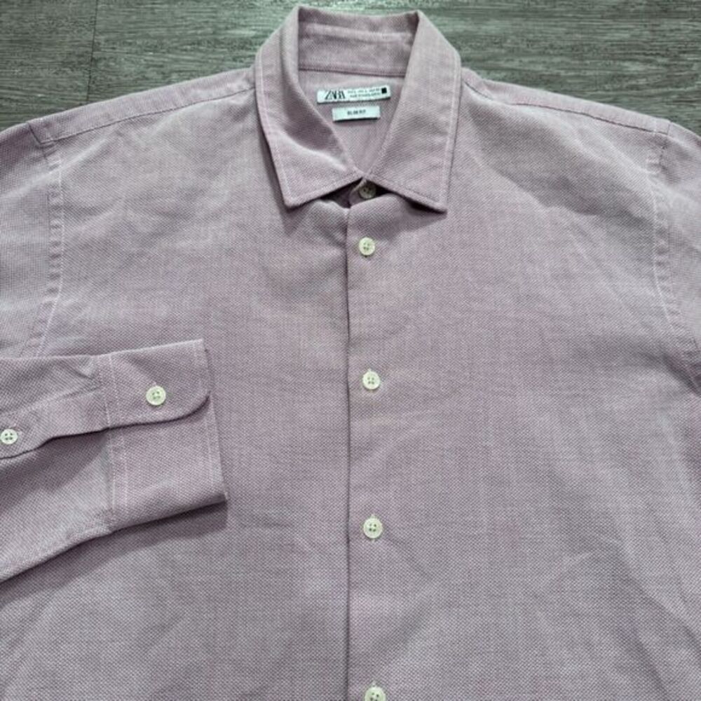 ZARA Button Down Shirt Mens Large Pink Cotton Slim Fit Textured Long Sleeve